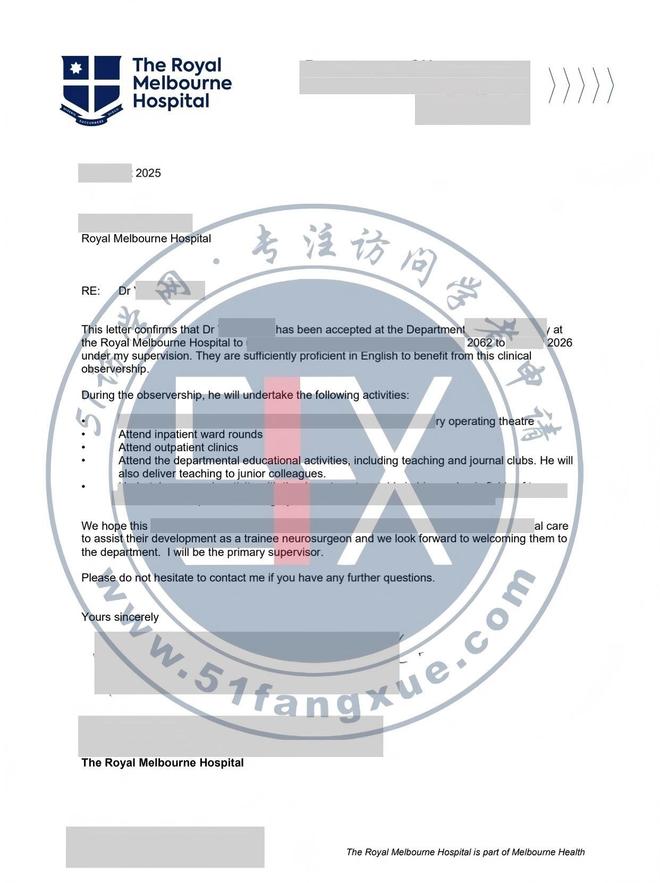 成功案例｜医学硕士Z 医生获皇家墨尔本医院访学邀请函